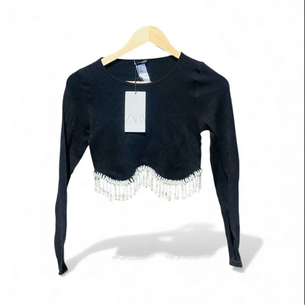 Zara Jewel Detail Crop Top in black with a rhinestone fringe appliqué NWT